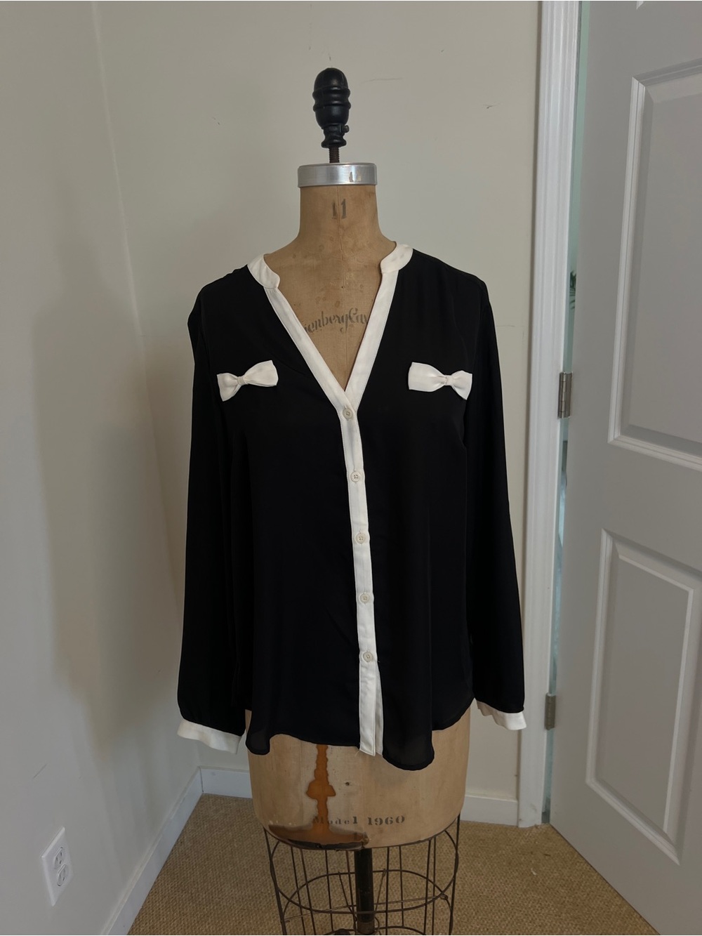 LC Lauren Conrad Black Button-Front Blouse with White Trim and Bows